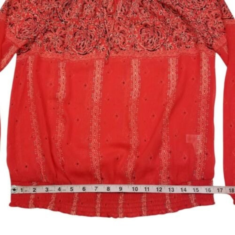 Lucky Brand Orange Blouse Medium Paisley Tie Neck Smocked Waist Top Boho Peasant - Picture 11 of 12